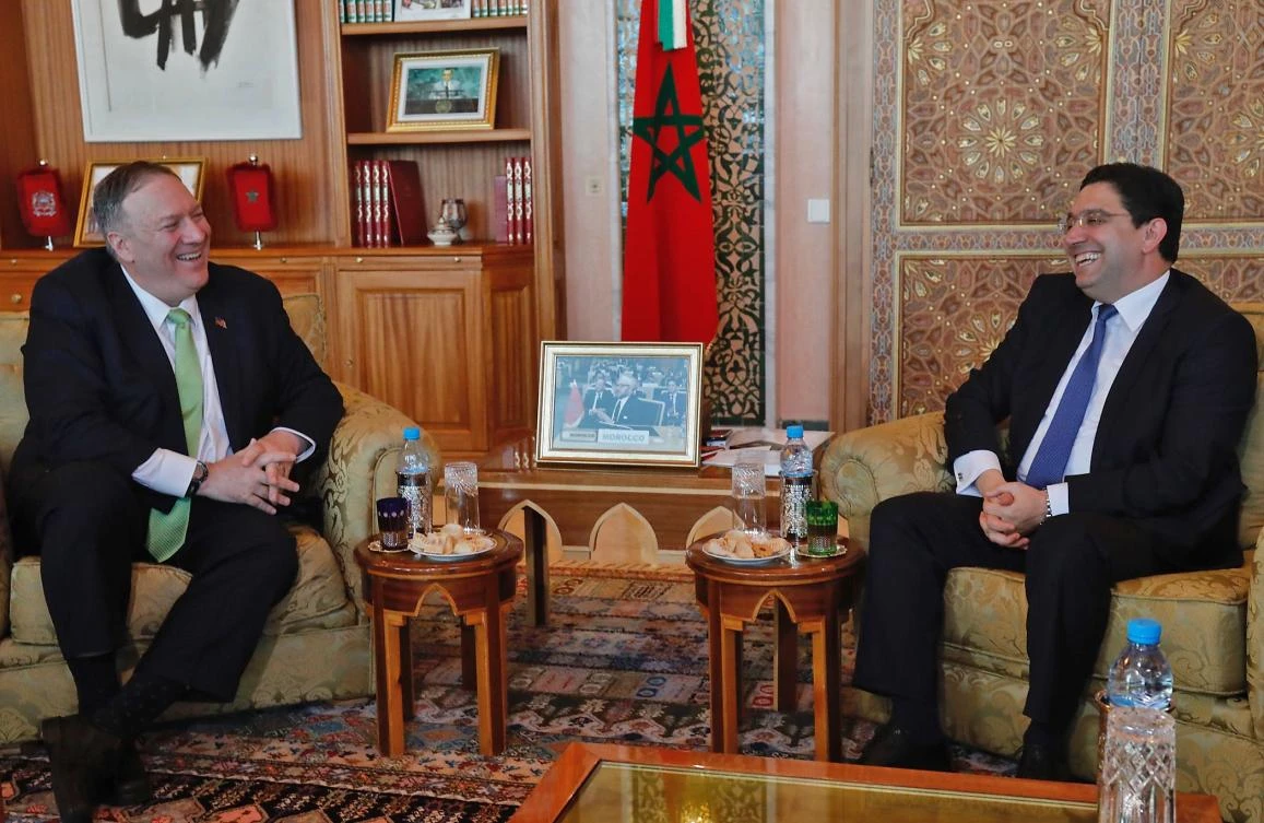 US Secretary of State Mike Pompeo meets with Morocco's Foreign Minister Nasser Bourita (R) during his visit to Rabat on December 5, 2019. (AFP)