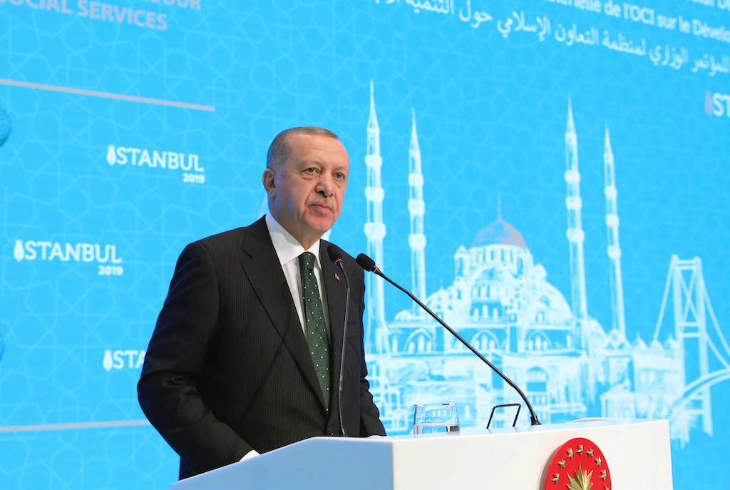 Turkey's President Recep Tayyip Erdogan speaks during a meeting of the Organization of Islamic Cooperation (OIC), in Istanbul. Monday, Dec. 9, 2019. (AP)