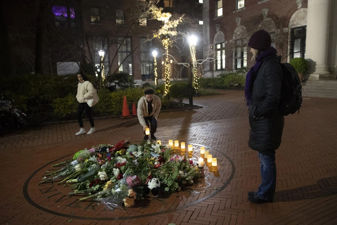 Tessa Majors was fatally stabbed in a park near Barnard College in New York City. Above, people pause at a make-shift campus memorial for the 18-year-old freshman from Virginia. (AP)