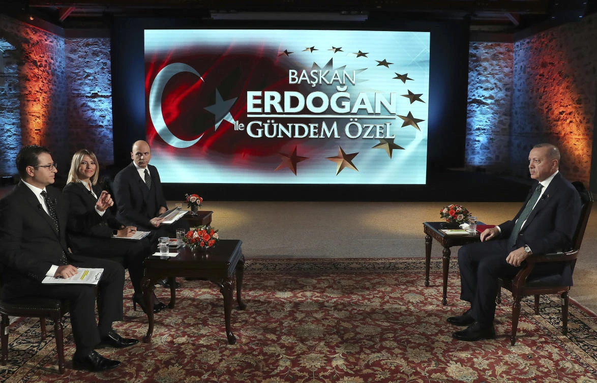 Turkey's President Recep Tayyip Erdogan, right, speaks during an interview with private A Haber and ATV television channels, in Istanbul, Sunday, Dec. 15, 2019.(AP)