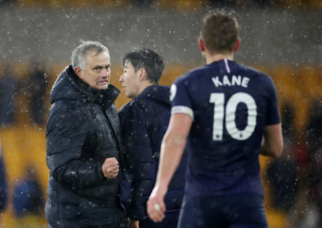 Tottenham Hotspur manager Jose Mourinho and Harry Kane celebrate after their match against Wolves in the Premier League. (Action Images via Reuters)