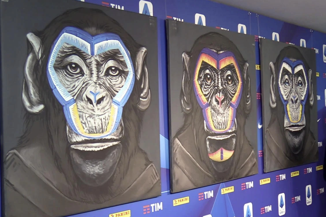 A view of the three paintings, part of a new campaign against racism launched by the Italian soccer league in Milan, Italy, Monday. (ANSA via AP)