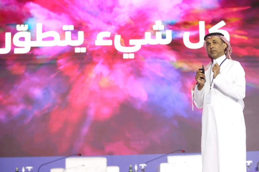 STC Group CEO Nasser Sulaiman Al Nasser speaking at the telecom provider’s unified brand identity launch, in Riyadh. (Supplied)