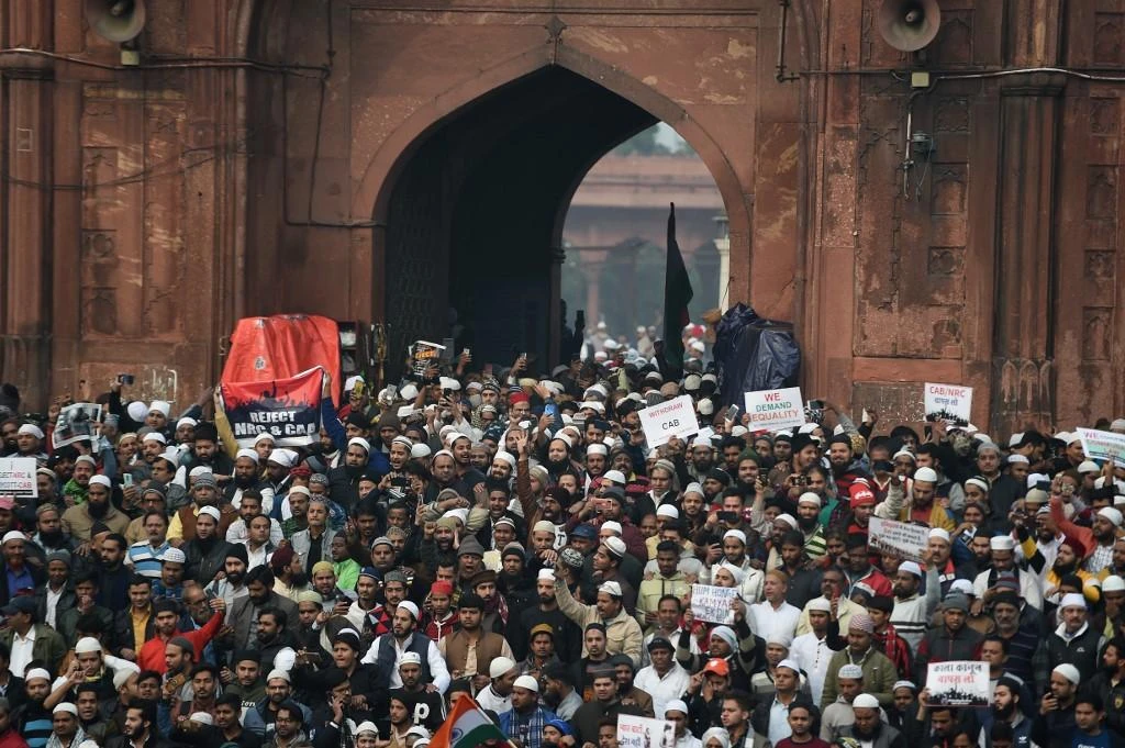 Thousands of protesters stood inside and on the steps of New Delhi’s Jama Masijd, one of India’s largest mosques, after Friday afternoon prayers. (File/AFP)