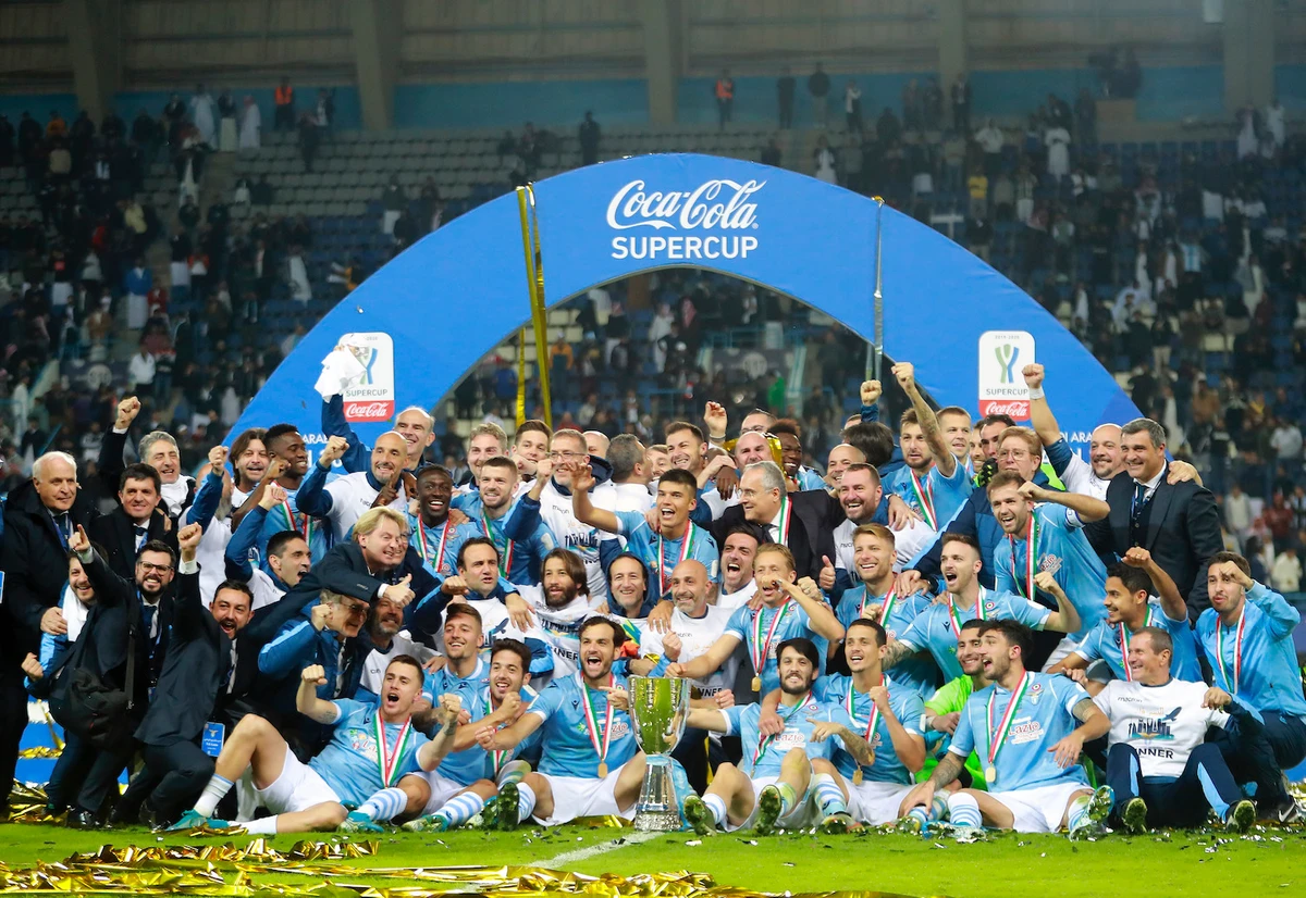 Lazio players celebrate after winning the Italian Super Cup against Juventus at King Saud University Stadium, in Riyadh, Saudi Arabia on Dec. 22, 2019. (AP)