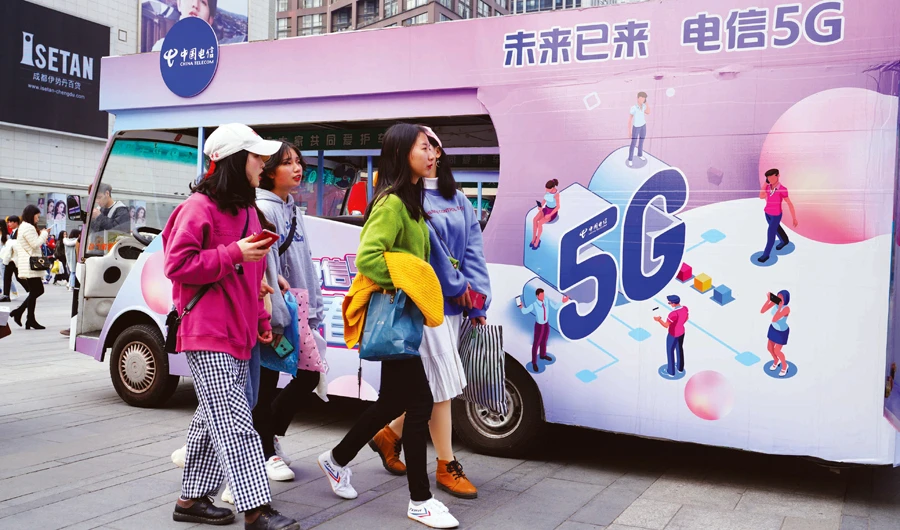 5G testing spot provided by China Telecom is seen in Chengdu downtown. Italy’s Telecom Italia is in the process of choosing suppliers and Huawei is among possible contenders. (Shutterstock)