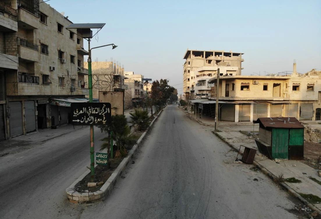 A drone picture taken on December 23, 2019 shows empty streets and damaged buildings in the town of Maaret Al-Numan in the northwestern Idlib province. (AFP)