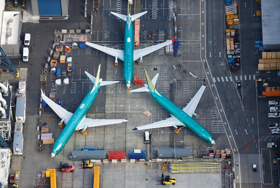 An aerial photo shows Boeing 737 MAX airplanes parked on the tarmac at the Boeing Factory in Renton, Washington. (Reuters/File)