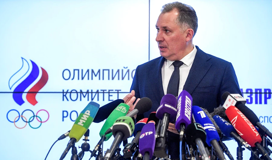 Russian Olympic Committee (ROC) President Stanislav Pozdnyakov during a press conference in Moscow on Tuesday. (AFP)