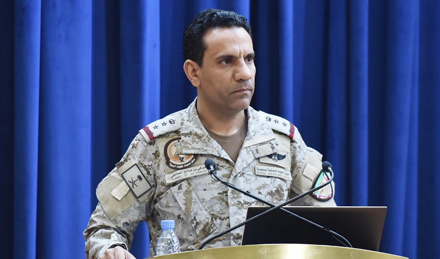 Spokesman of the Saudi-led military coalition Colonel Turki al-Maliki speaks during a press conference in the Saudi capital Riyadh, on September 30, 2019. (AFP)