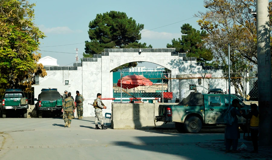Afghan police personnel stand guard outside Pakistan's embassy, in Kabul on November 4, 2019. (AFP)