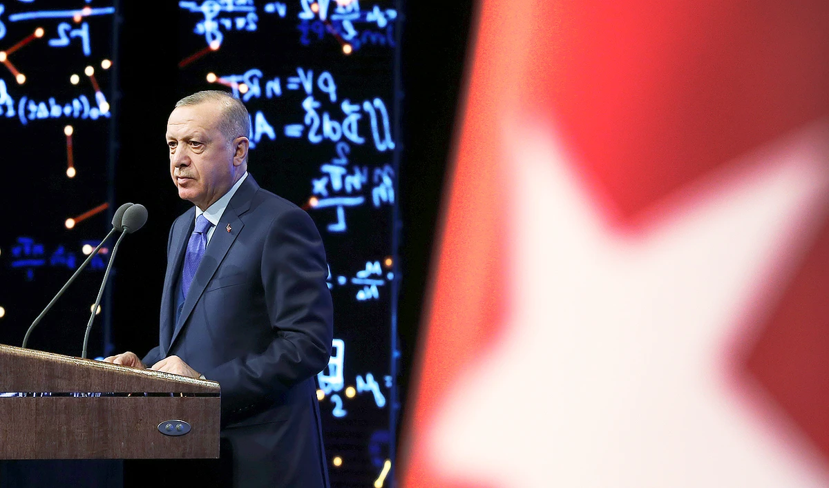 Turkey's President Recep Tayyip Erdogan delivers a speech at an event in Ankara, Turkey, Monday, Dec. 30, 2019. (Presidential Press Service via AP)