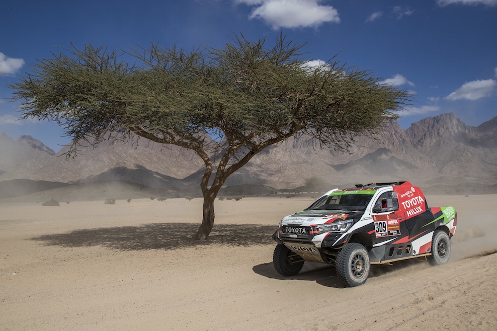 The second stage of the Dakar Rally wound its way from Al-Wajh to Neom on Monday. (Reuters)
