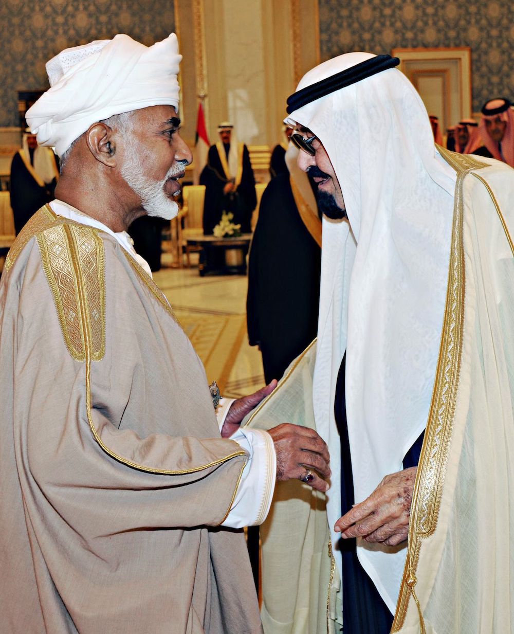 Saudi Arabia's King Abdullah welcomes Sultan Qaboos at the start of the 2011 GCC summit in Riyadh. (2011)
