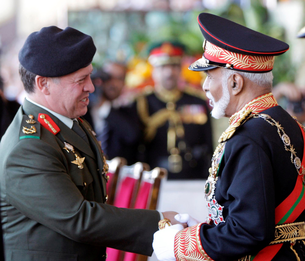 Sultan Qaboos welcomes Jordan's King Abdullah, during a celebration marking the 40th National Day of the Sultanate of Oman in 2010. (Reuters/File)