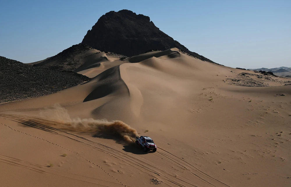 Toyota’s Dutch driver Bernhard ten Brinke and his co-driver Tom Colsoul of Belgium compete in Stage 8 of the Dakar 2020 around Wadi Ad-Dawasir. (AFP)