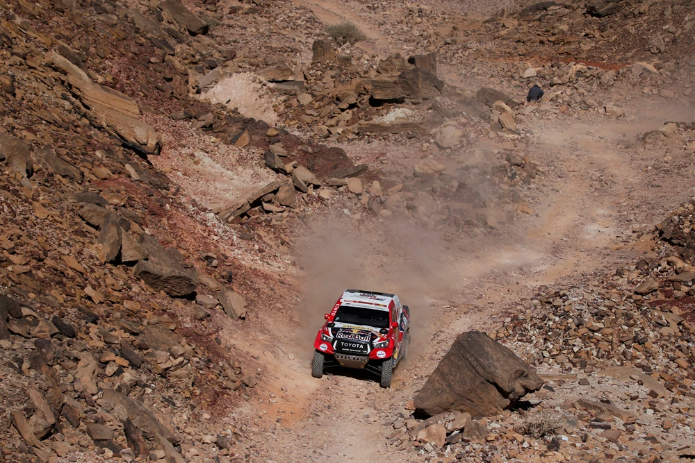 Toyota Gazoo Racing’s Giniel de Villiers and Alex Haro Bravo during Stage 8. (Reuters)