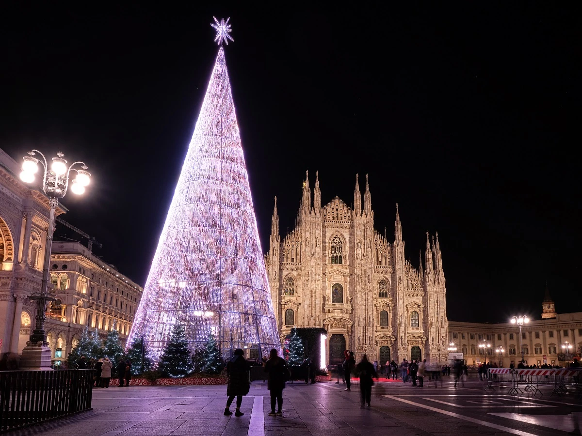 At the the Piazza del Duomo, this year’s “sustainable” Christmas tree, a 37-meter-high steel conical structure of LED lights, towers over it all. (Shutterstock)
