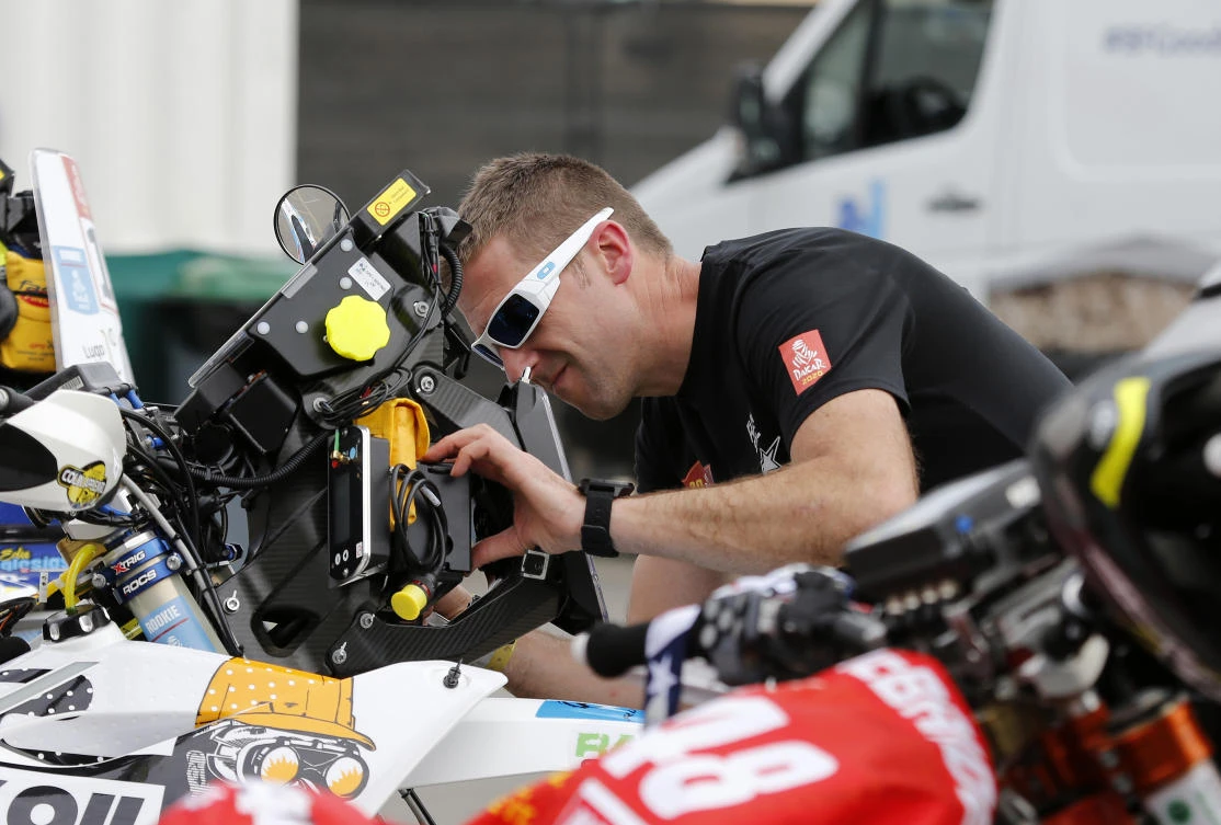 A rider checks equipment ahead of the Dakar Rally on Jan.2, 2020. (Reuters)
