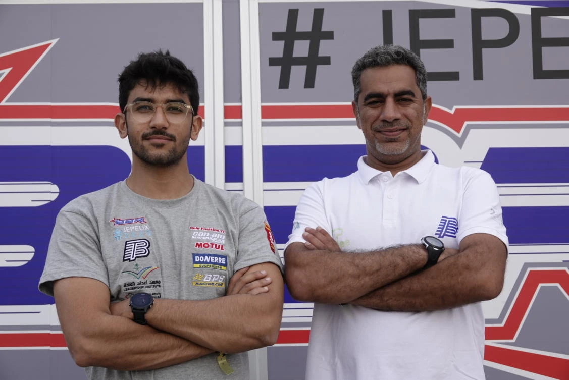 Talal Al-Bader, Saudi Arabia’s youngest rally driver to participate in Dakar (L) with Emirati navigator Ali Mirza. (AN Photo/Huda Bashatah)