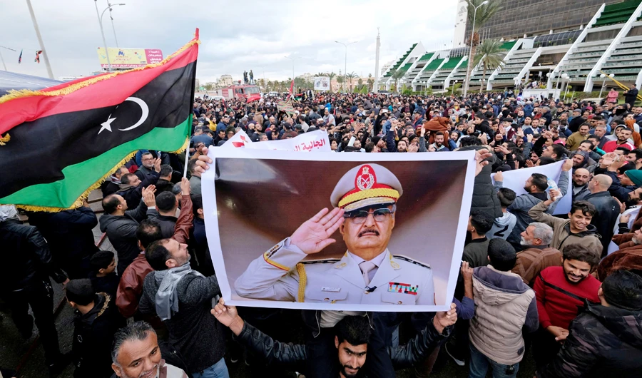 Libyan protesters gather during a demonstration against the Turkish parliament's decision to send Turkish forces to Libya, in Benghazi, Libya January 3, 2020. (REUTERS)