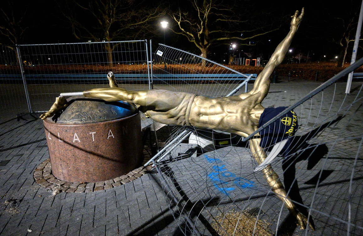 The statue of player Zlatan Ibrahimovic is seen sawn down and destroyed, at the square next to football arena in Malmo, Sweden January 5, 2020. (Reuters)