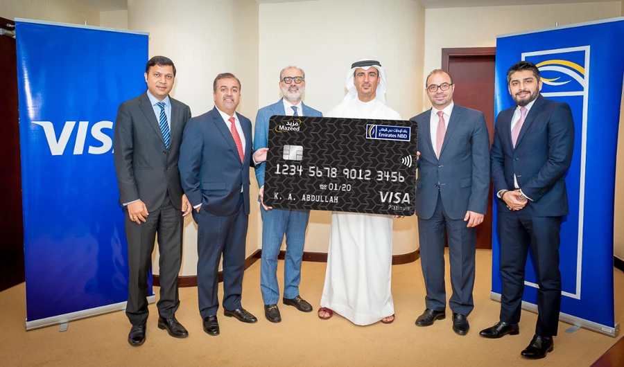 From left, Arjun Kannan, director of business development, Visa KSA; Muhammad Saqib Hussain, head of retail banking, Emirates NBD KSA; Marcello Baricordi, GM for MENA at Visa; Naser Yousef Al-Marzooqi, CEO of Emirates NBD KSA; Ali Bailoun, GM, Visa Saudi Arabia; and Naveed Ilyas, head of cards at Emirates NBD KSA.