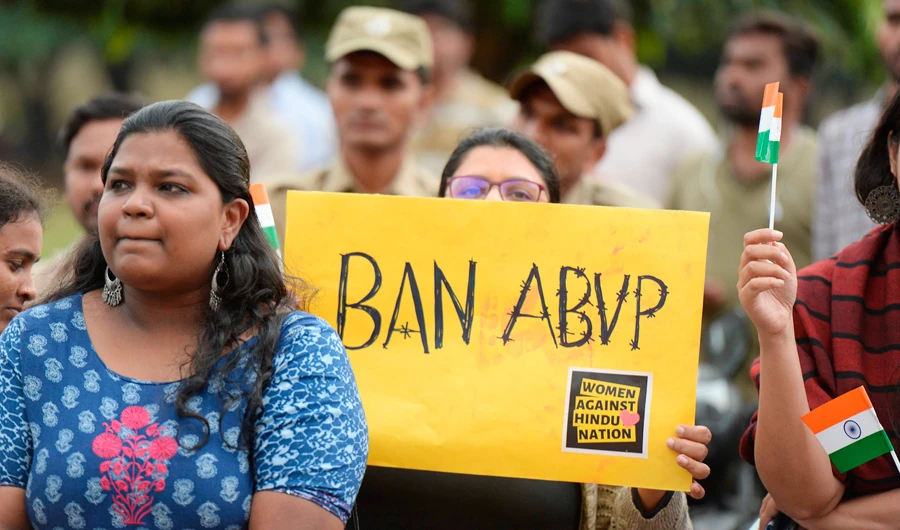 Students and supporters hold placards as they shout slogans during a protest against an attack on the students and teachers at the Jawaharlal Nehru University (JNU) campus in New Delhi a day before, at Osmania University campus in Hyderabad on January 6, 2020. (AFP)