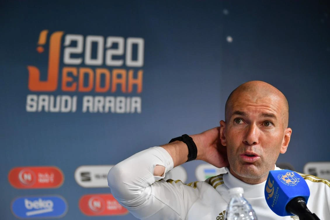 Real Madrid’s coach Zinedine Zidane attends a press conference on the eve of the Spanish Super Cup semifinal between Valencia and Real Madrid at the King Abdullah Sport City in Jeddah. (AFP)