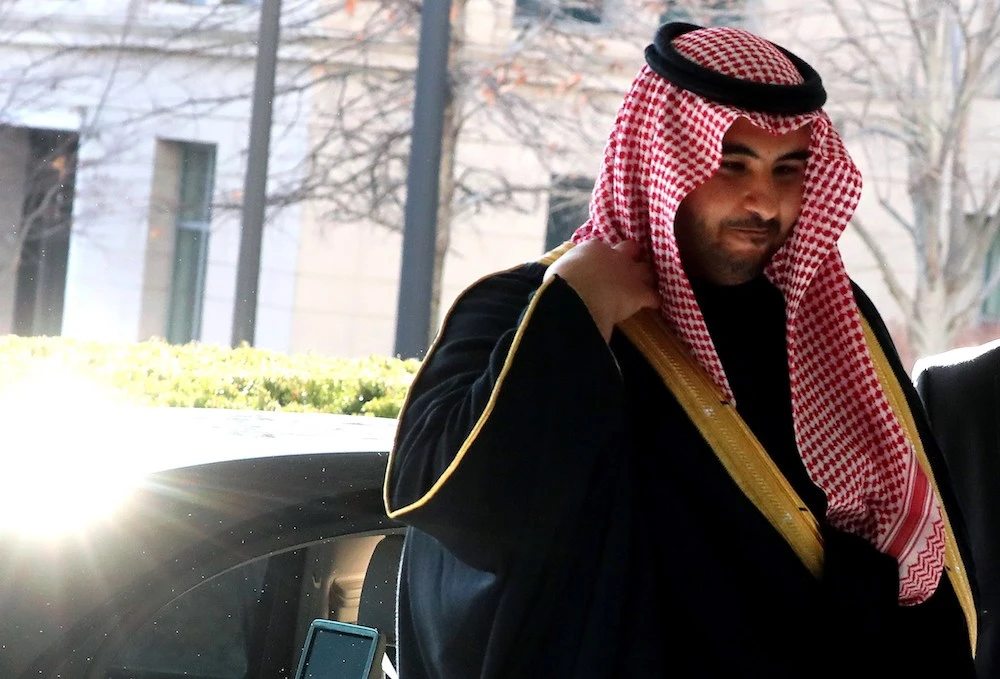Saudi Deputy Defense Minister Khalid bin Salman arrives for a meeting with Secretary of State Mike Pompeo at the Department of State in Washington on Monday. (AP)