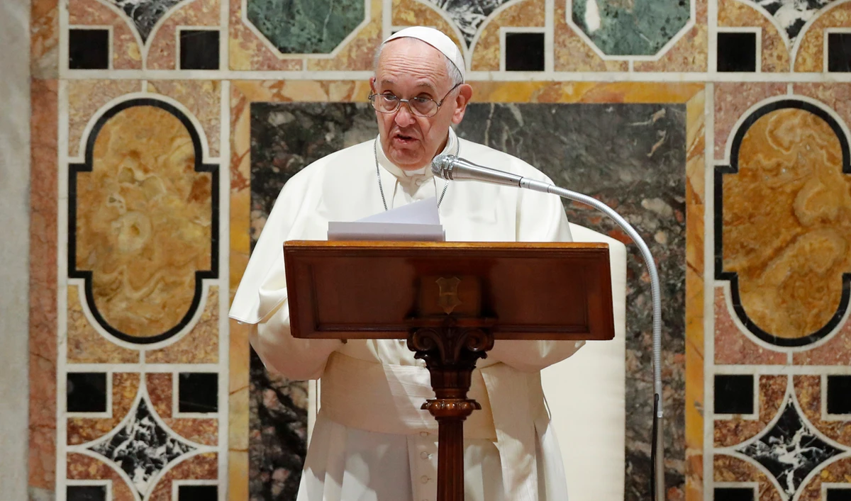 Pope Francis addresses diplomats during an audience for the traditional exchange of New Year greetings, in the Sala Regia hall at the Vatican. (AFP)