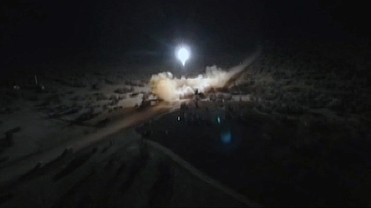An image grab from footage obtained from the state-run Iran Press news agency on Jan. 8, 2020 allegedly shows rockets launched from Iran against the US military base in Ein-al Asad in Iraq on Jan. 7, 2020. (IRAN PRESS via AFP)
