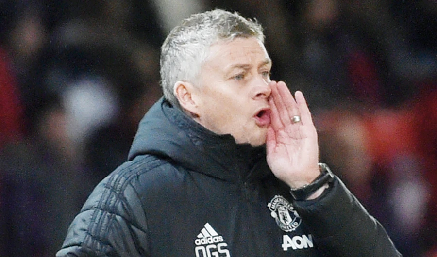 Manchester United’s manager Ole Gunnar Solskjaer gives directions to his team. (AP)