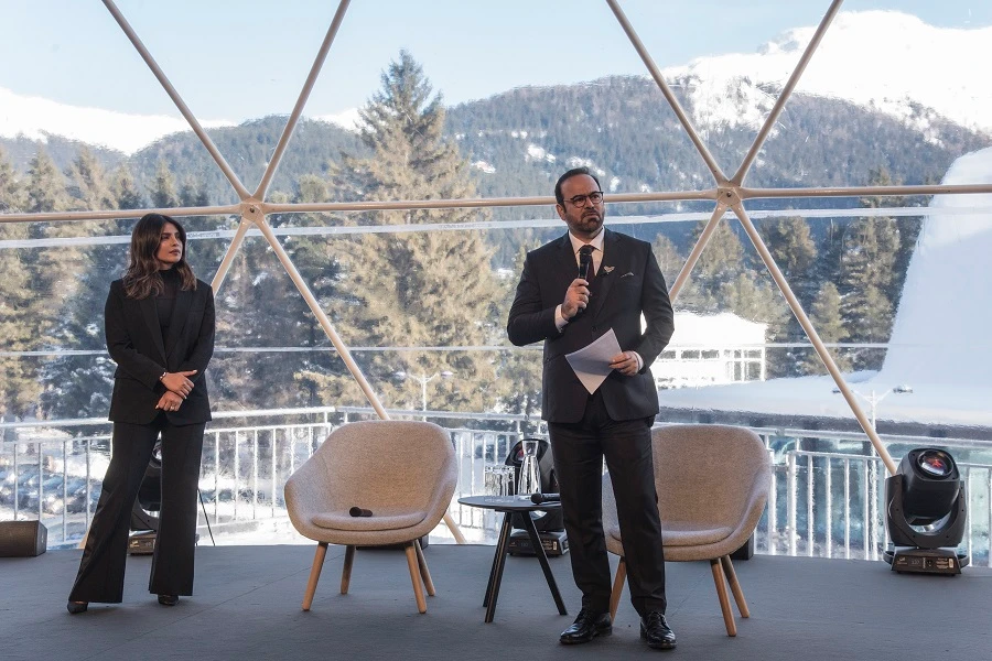 UAE Minister of Cabinet Affairs and the Future Mohammed Al-Gergawi joined actress Priyanka Chopra Jonas on stage at the World Economic Forum. (Supplied)