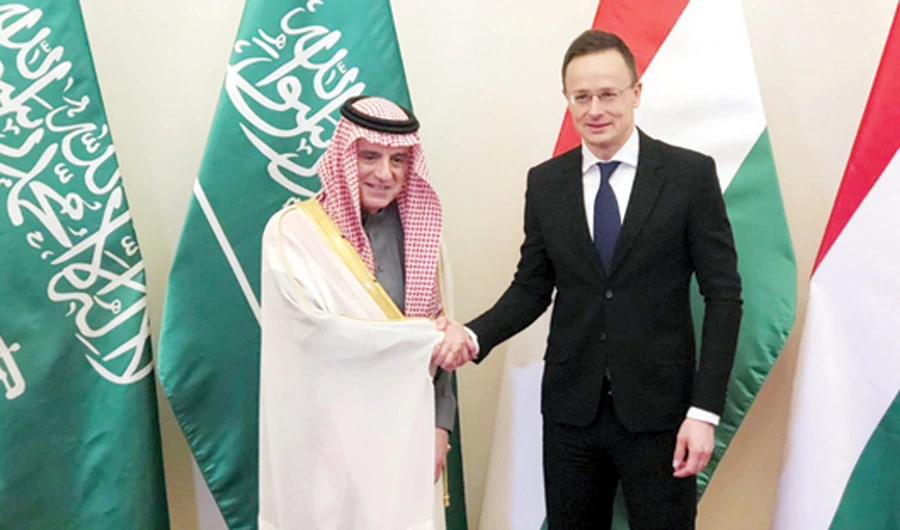 Saudi Minister of State for Foreign Affairs Adel Al-Jubeir meets Hungarian Foreign Minister Peter Szijjarto in Budapest. (SPA)
