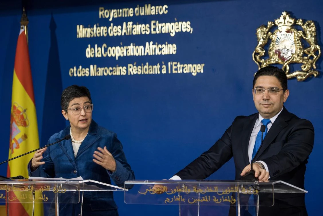 Morocco’s Foreign Affairs Minister Nasser Bourita attends a joint press conference with his Spanish counterpart Arancha Gonzalez Laya (L) in the capital Raban on January 24, 2020. (File/AFP)
