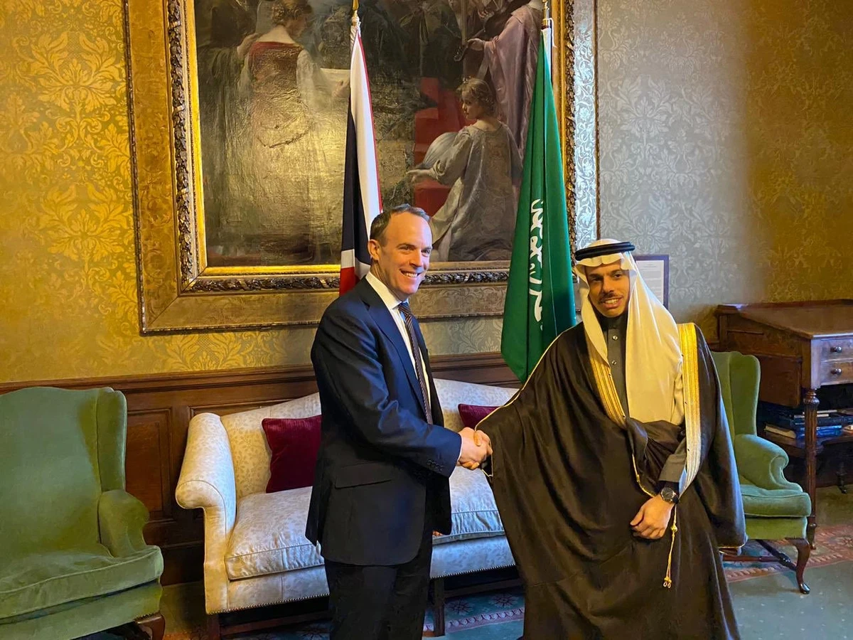Prince Faisal bin Farhan said he discussed with Dominic Raab coordination to bring about peace and stability to the region. (Twitter)