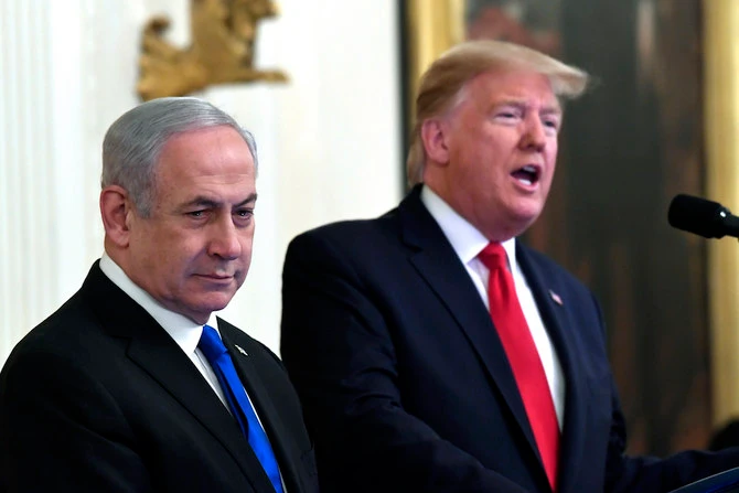 President Donald Trump with Israeli Prime Minister Benjamin Netanyahu as he announced his peace plan in the White House. (AP)