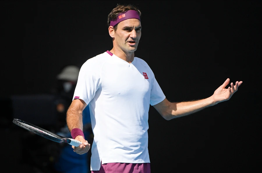 Switzerland's Roger Federer reacts during his quarterfinal against Tennys Sandgren of the US at the Australian Open tennis championship in Melbourne, Australia, Tuesday, Jan. 28, 2020. (AP)