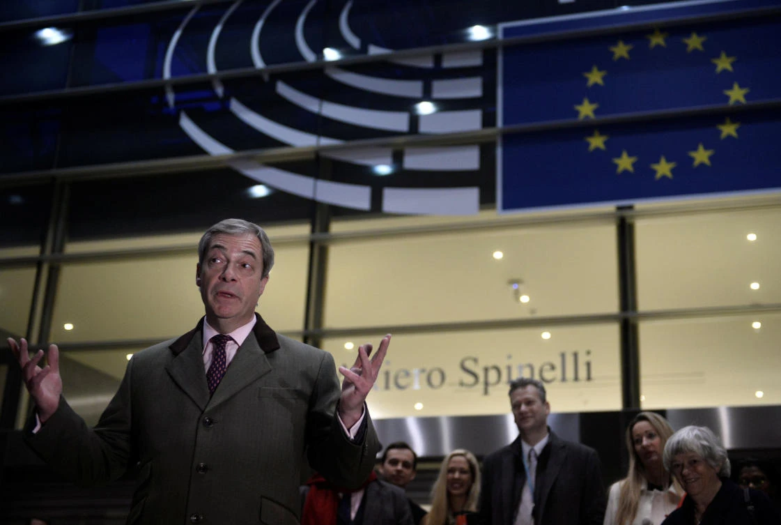 Brexit Party leader Nigel Farage speaks as he leaves the European Parliament for the last time in Brussels, Belgium January 29, 2020. (Reuters)