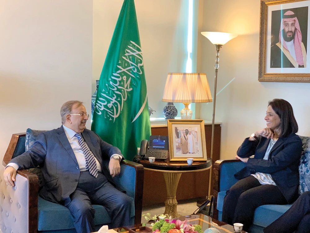 Abdallah Al-Mouallimi meets the deputy special envoy of UN secretary-general for Syria, Khawla Matar, in New York on Friday. (SPA)