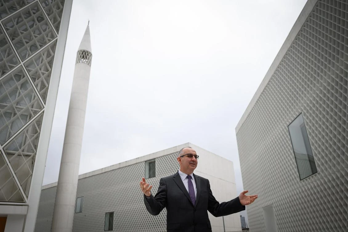 Mufti of the Islamic Community of Slovenia Nedzad Grabus addresses the media on February 3, 2020, in Slovenia's first mosque, designed by the Bevk Perovic Arhitekti architecture firm, in Ljubljana.(AFP)