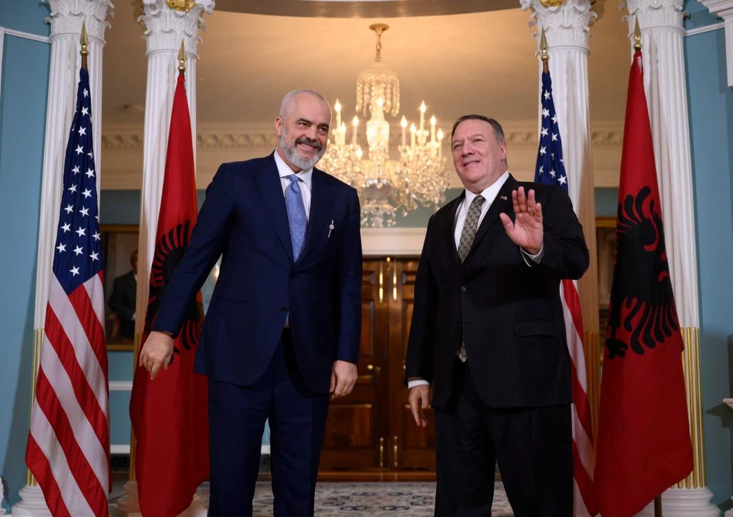 US Secretary of State Mike Pompeo, right, meets with Albanian Prime Minister Edi Rama at the State Department in Washington, DC on February 5, 2020. (AFP)