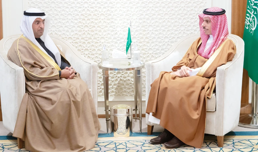 Saudi Foreign Minister Prince Faisal bin Farhan meets newly appointed GCC Secretary-General Dr. Nayef bin Falah Al-Hajjraf in Riyadh. (SPA)