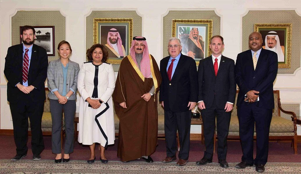 US envoys to Saudi Arabia, Ambassador John Abi Zaid and Consul General Rachna Korhonen, at the office of Al-Ahsa's governor Prince Badr bin Muhammed bin Jalawi. (Supplied)