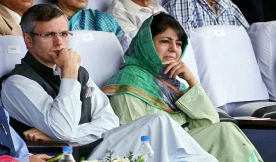In this file photo, Mehbooba Mufti and Omar Abdullah seen attending a public gathering in Indian-administered Kashmir on April 4, 2019. (Supplied)