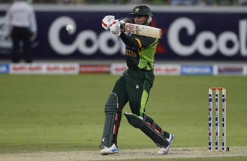 Pakistan’s Nasir Jamshed plays a shot during a Twenty20 international cricket match against South Africa in Dubai. (Reuters)