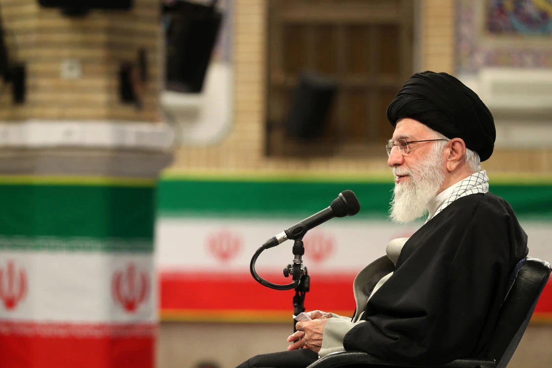 A handout picture provided by the office of Iran's Supreme Leader Ayatollah Ali Khamenei on February 8, 2020 shows him on stage during a meeting with Iranian air force commanders in Tehran. (AFP)