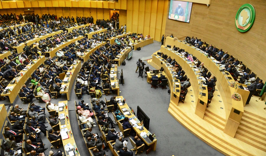 Delegates attend the opening session of the 33rd African Union (AU) Summit at the AU headquarters in Addis Ababa, Ethiopia Sunday, Feb. 9, 2020. (AP)