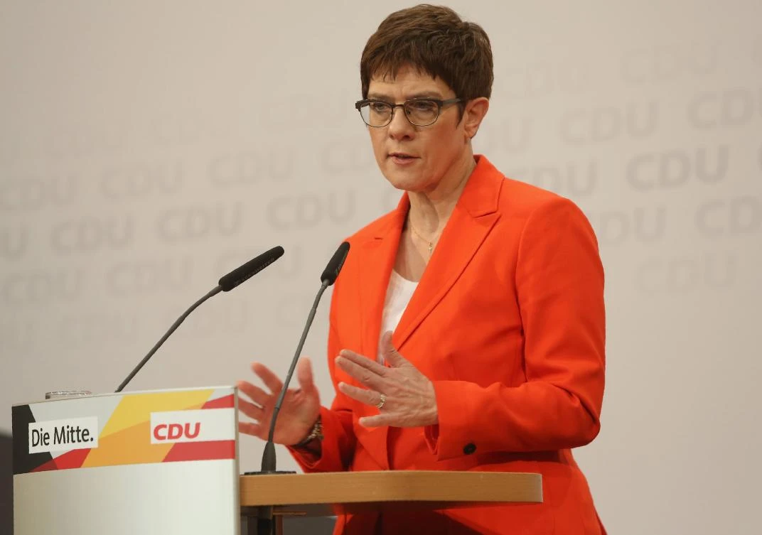 The leader of the Christian Democratic Union (CDU) Annegret Kramp-Karrenbauer speaks during a press conference on February 7, 2020 after a leadership meeting at the CDU headquarters in Berlin, about the political situation in the eastern German state of Thuringia. (AFP)